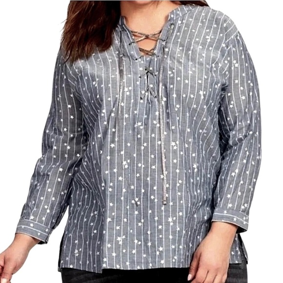 JOHNNY WAS WORKSHOP Stars & Stripes Lace-Up Top Gray Chambray Boho - Picture 1 of 13